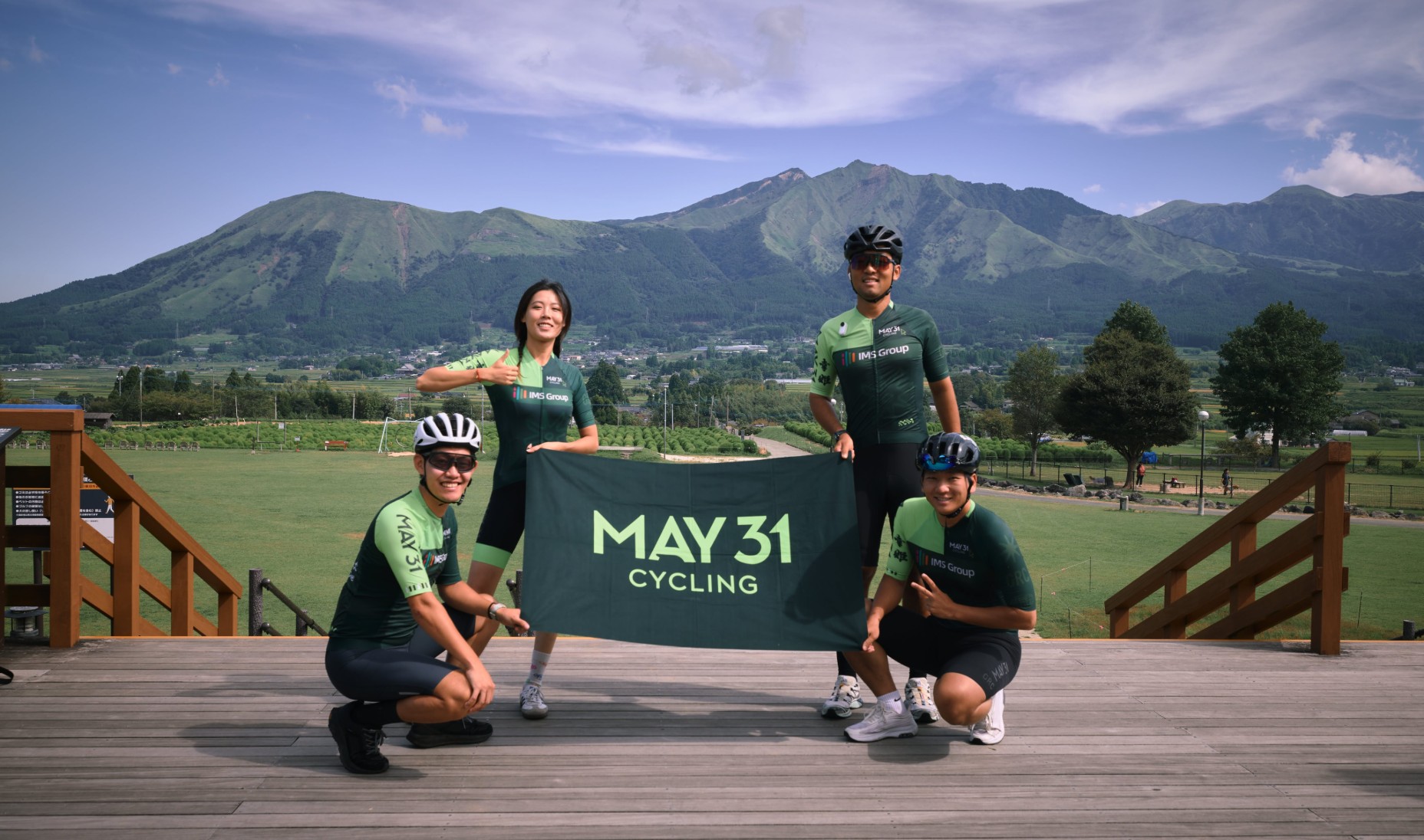 Cyclists riding with a tour leader